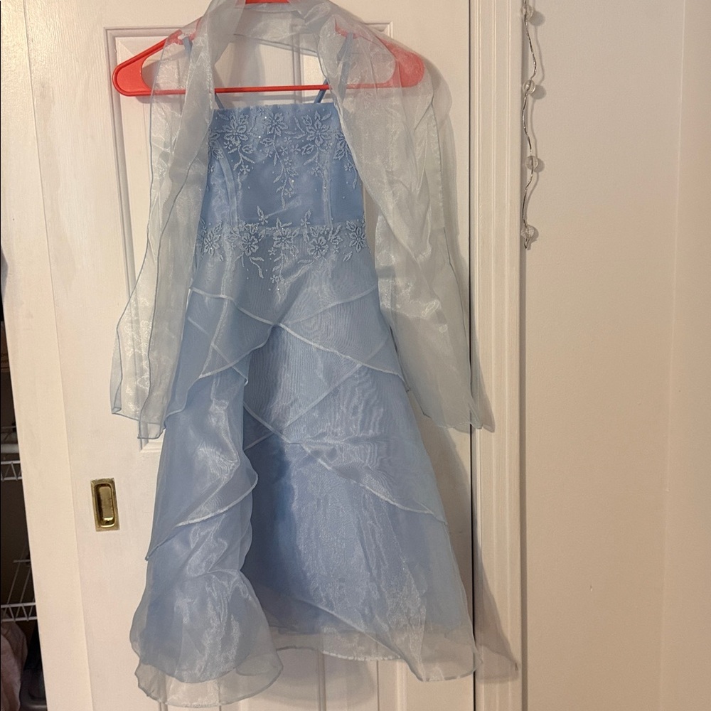 Elegant Light Blue Layered Dress with Sheer Shawl